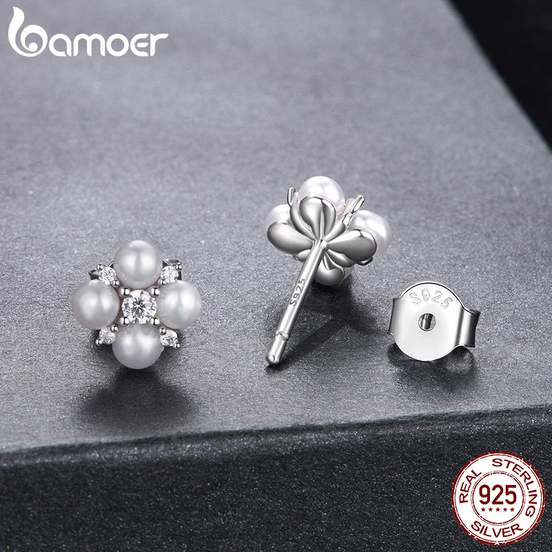 BAMOER Four-leaf Clover Moissanite Earrings, Natural Freshwater 925