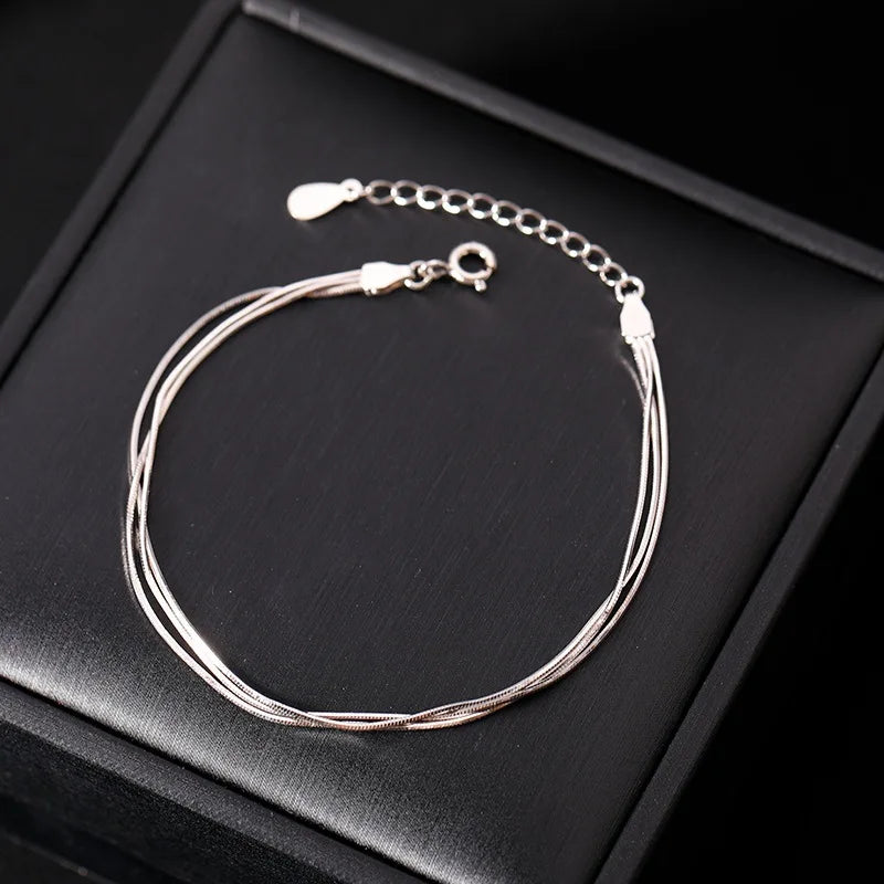 Fashion 925 Sterling Silver Bracelets for Women Simple Korean Multi Layer