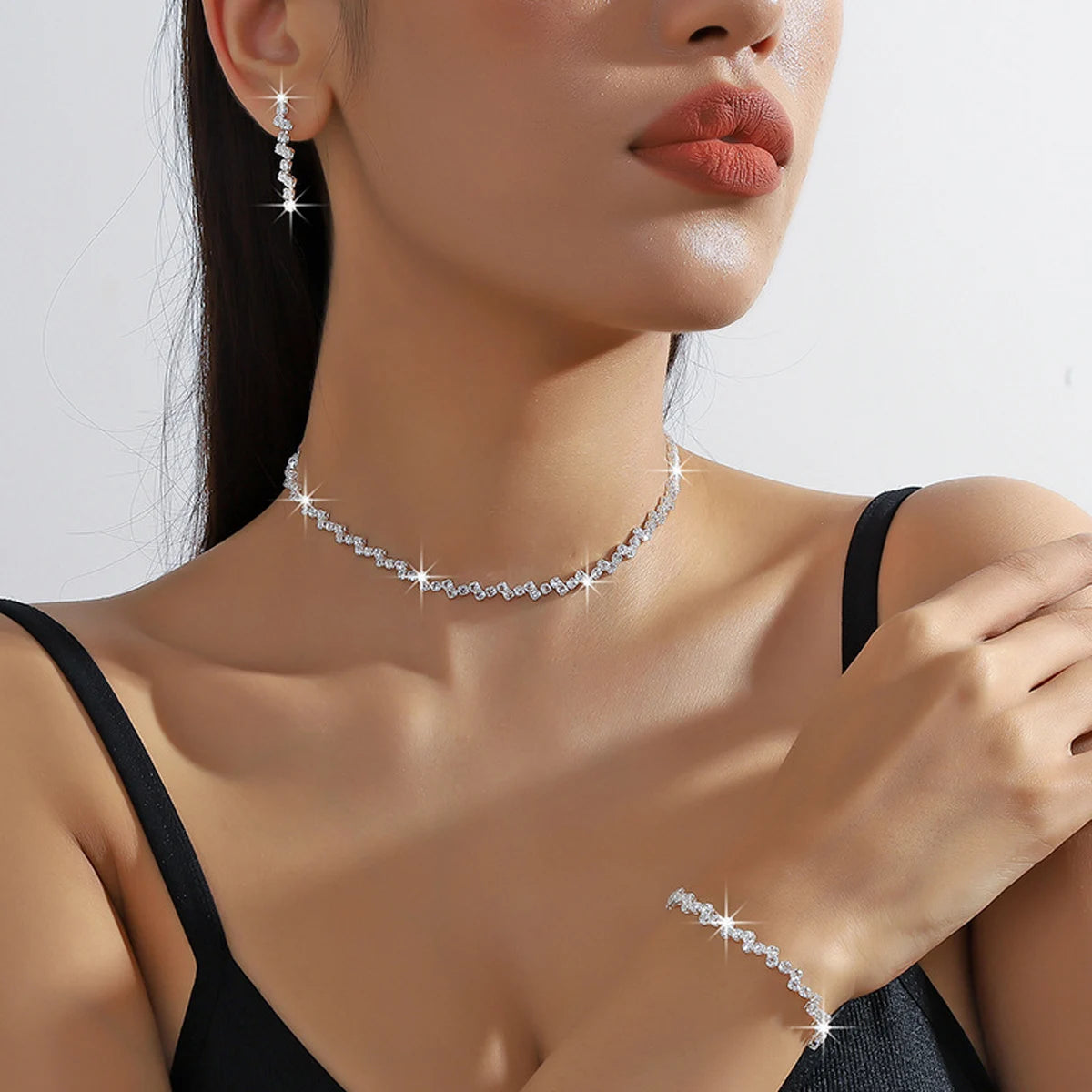 Set of Shiny Silver Plated Collarbone Chain Necklace Bracelet Jewelry