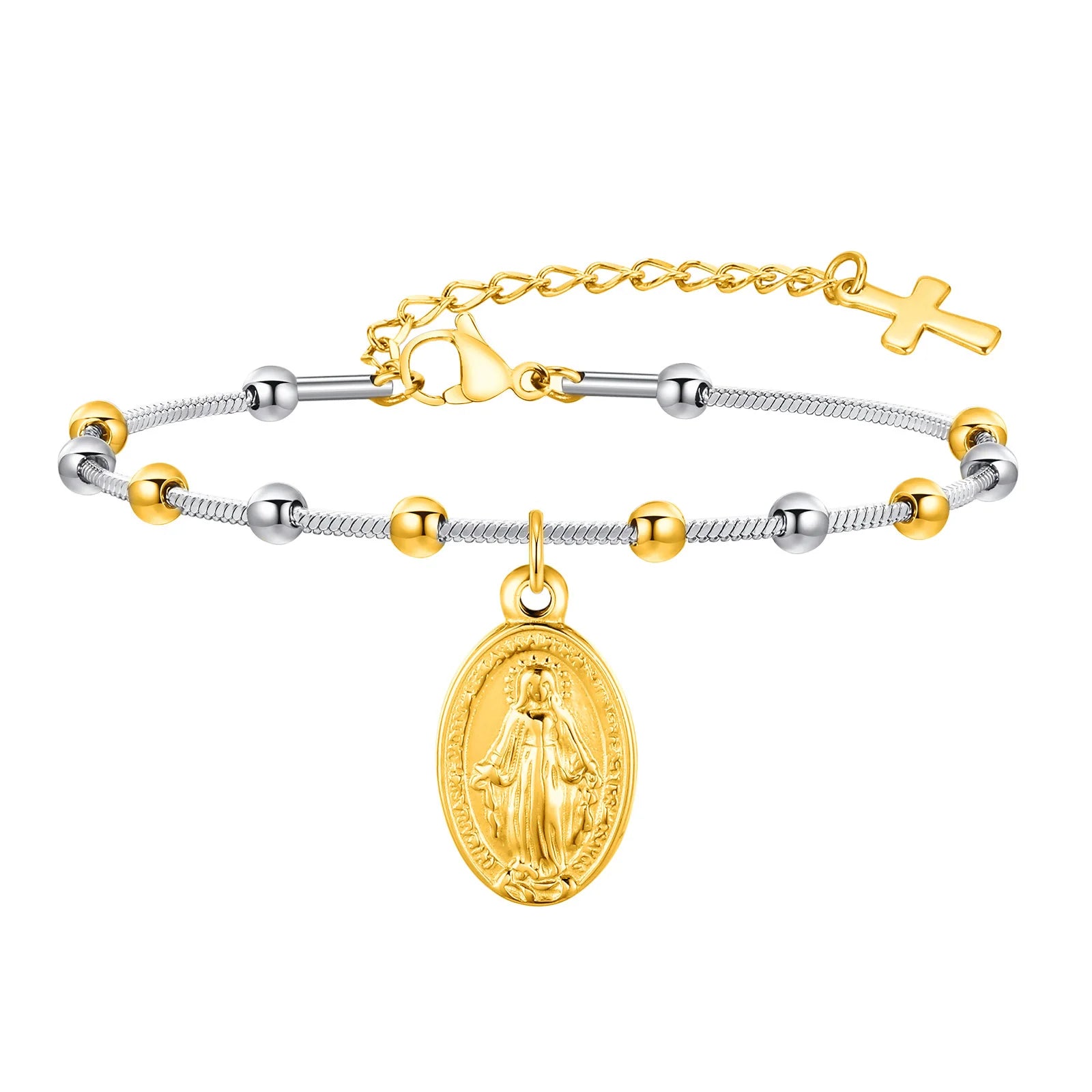 Vnox Rosary Bracelet for Women Girls, Gold Plated Stainless Steel Religiou