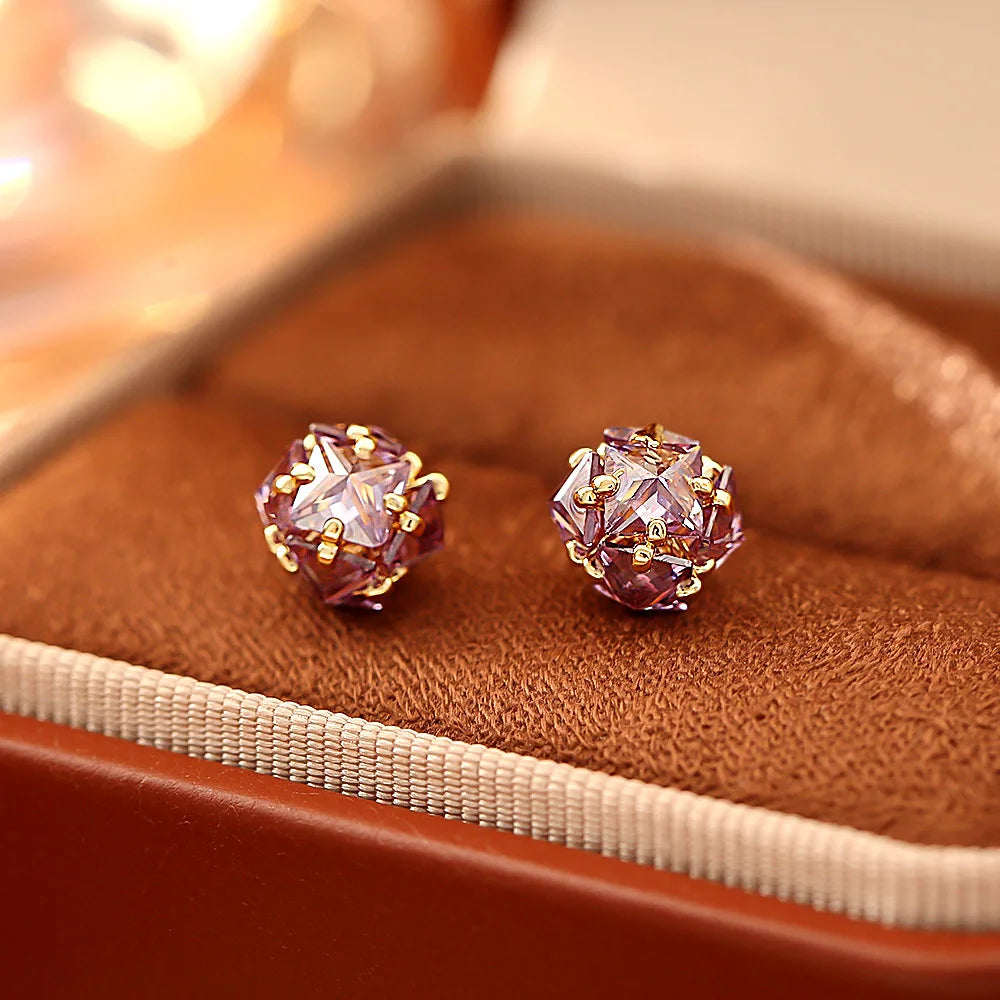 Sparkling Purple Zircon Hydrangea Stud Earrings Exquisite Dainty