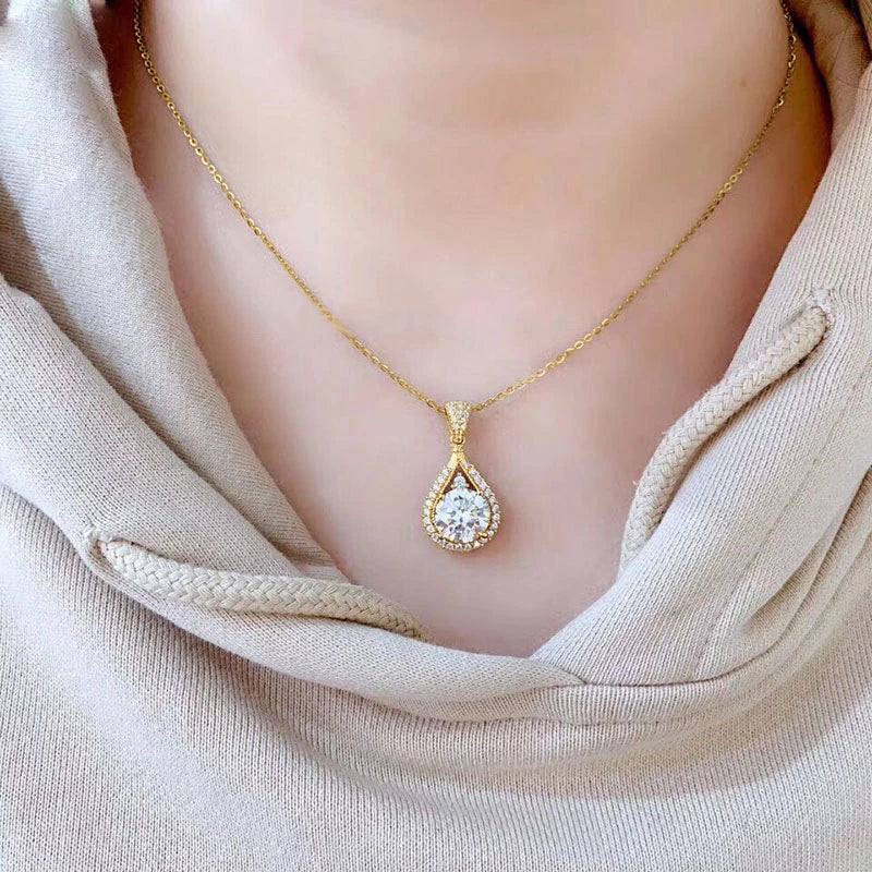 OXTAO 18K White Gold Moissanite Water Drop Necklace Pendant Female