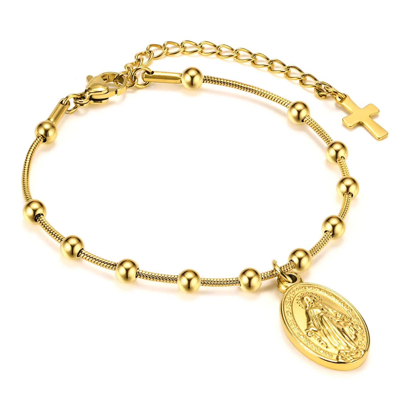 Vnox Rosary Bracelet for Women Girls, Gold Plated Stainless Steel Religiou