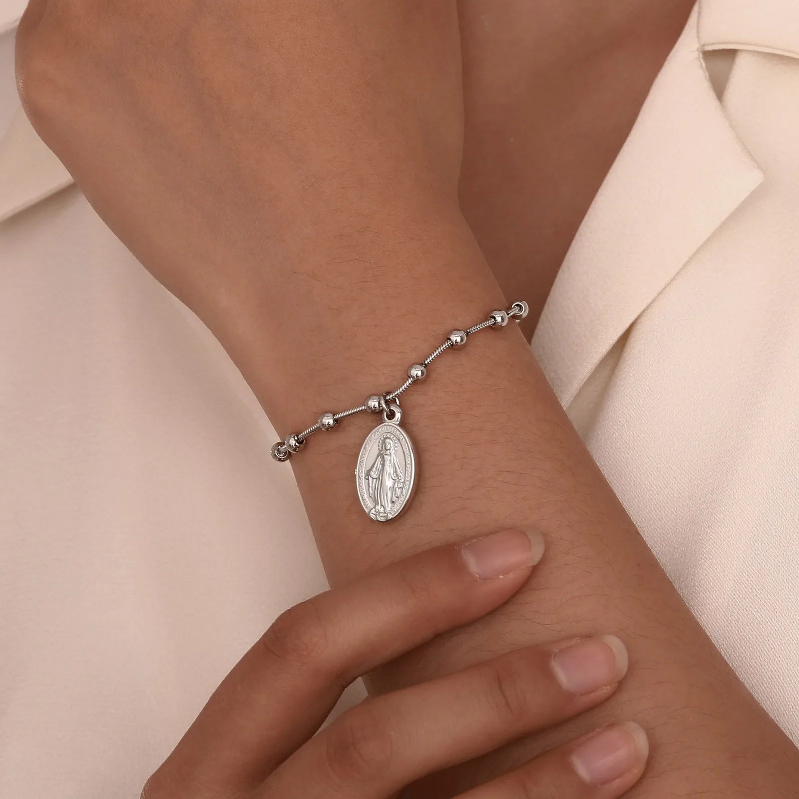 Vnox Rosary Bracelet for Women Girls, Gold Plated Stainless Steel Religiou