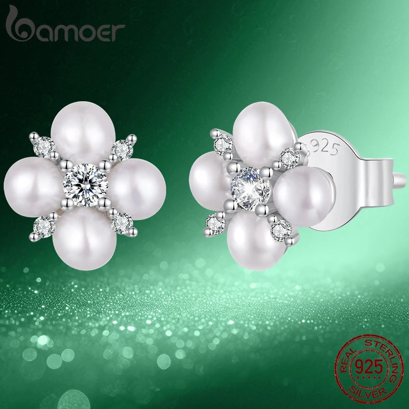 BAMOER Four-leaf Clover Moissanite Earrings, Natural Freshwater 925