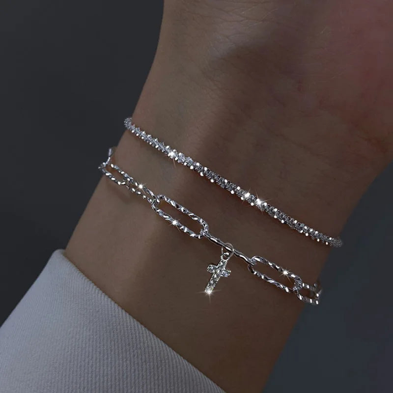 Fashion 925 Sterling Silver Bracelets for Women Simple Korean Multi Layer