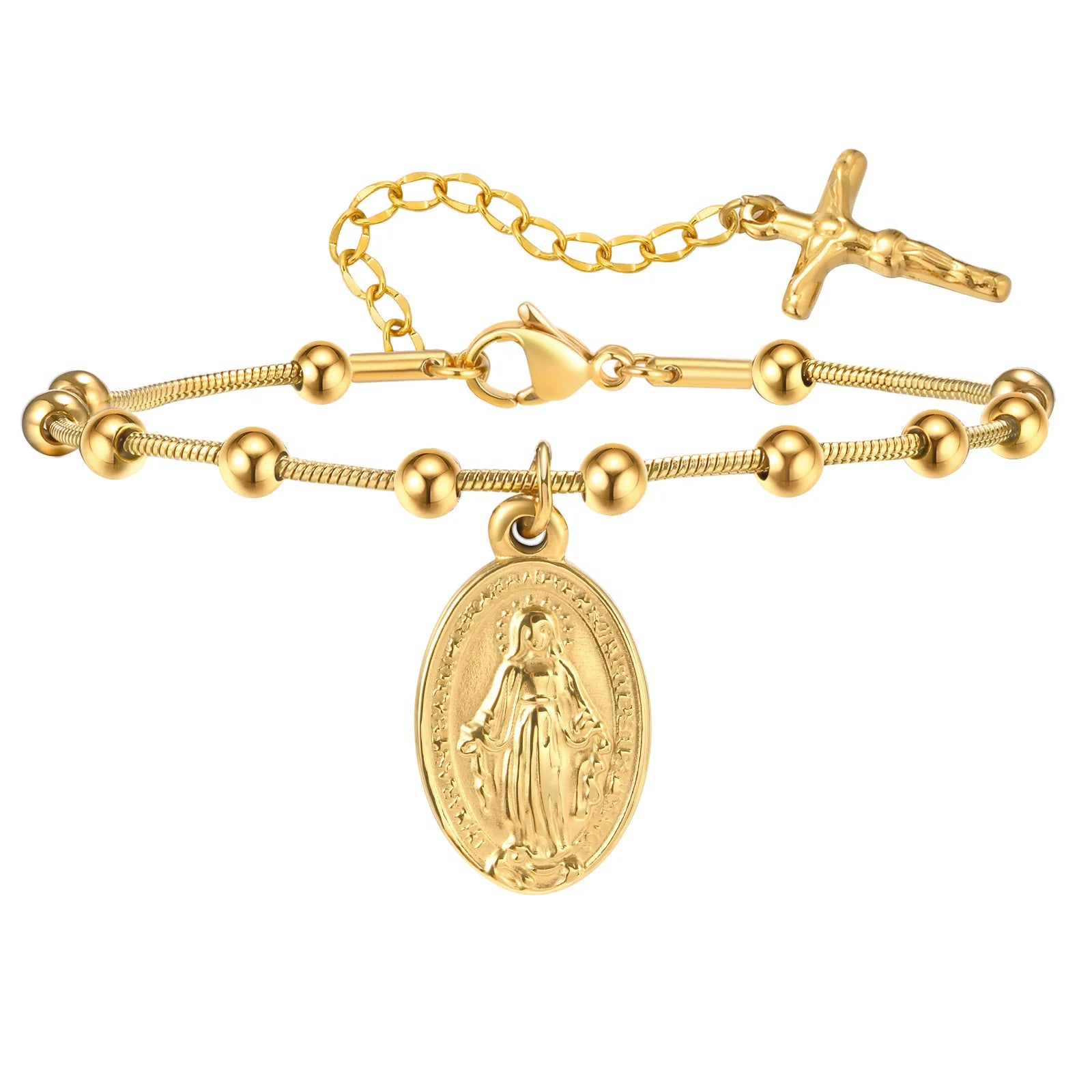 Vnox Rosary Bracelet for Women Girls, Gold Plated Stainless Steel Religiou
