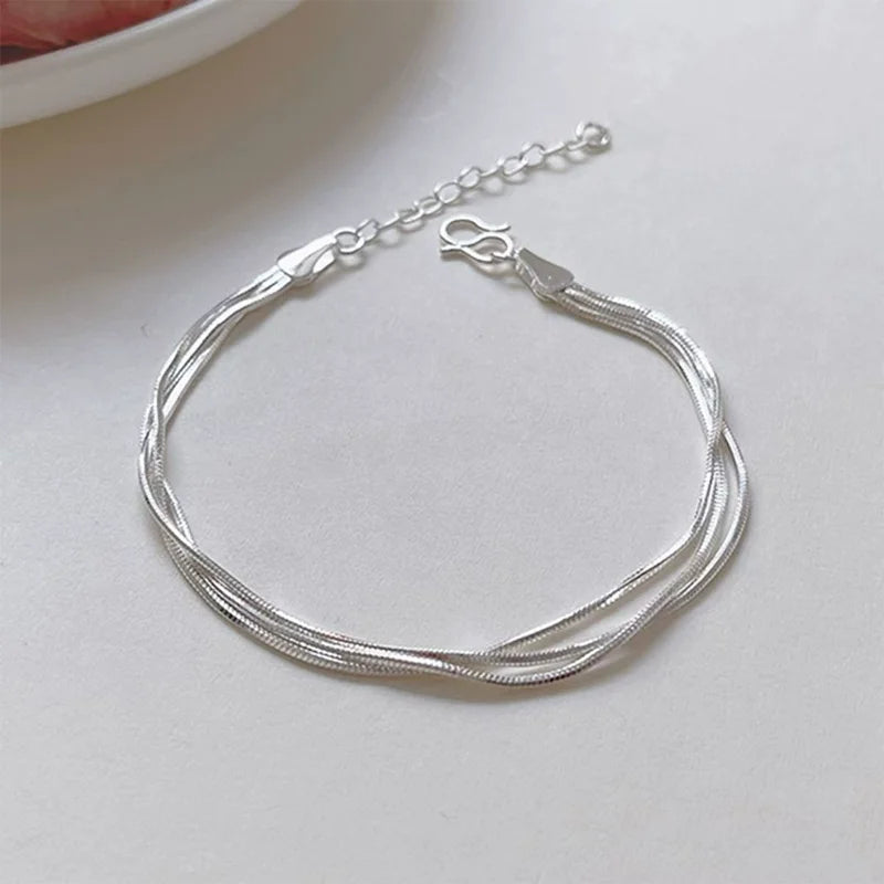 Fashion 925 Sterling Silver Bracelets for Women Simple Korean Multi Layer