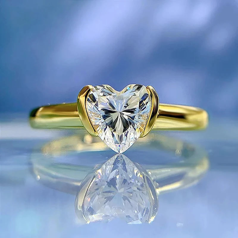 Huirtan Chic Heart Cubic Zirconia Women Rings Gold