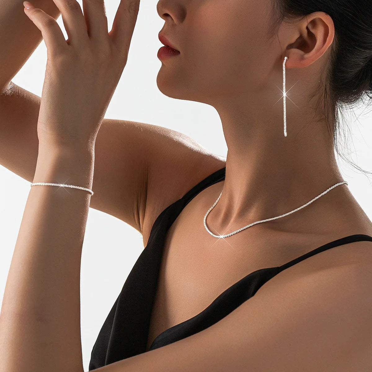 Set of Shiny Silver Plated Collarbone Chain Necklace Bracelet Jewelry